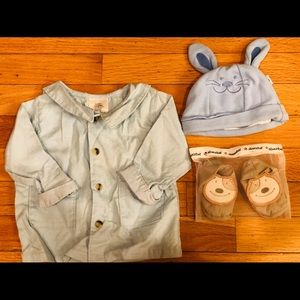 Absorba crib shoes, bunny hat, & baby linen shirt